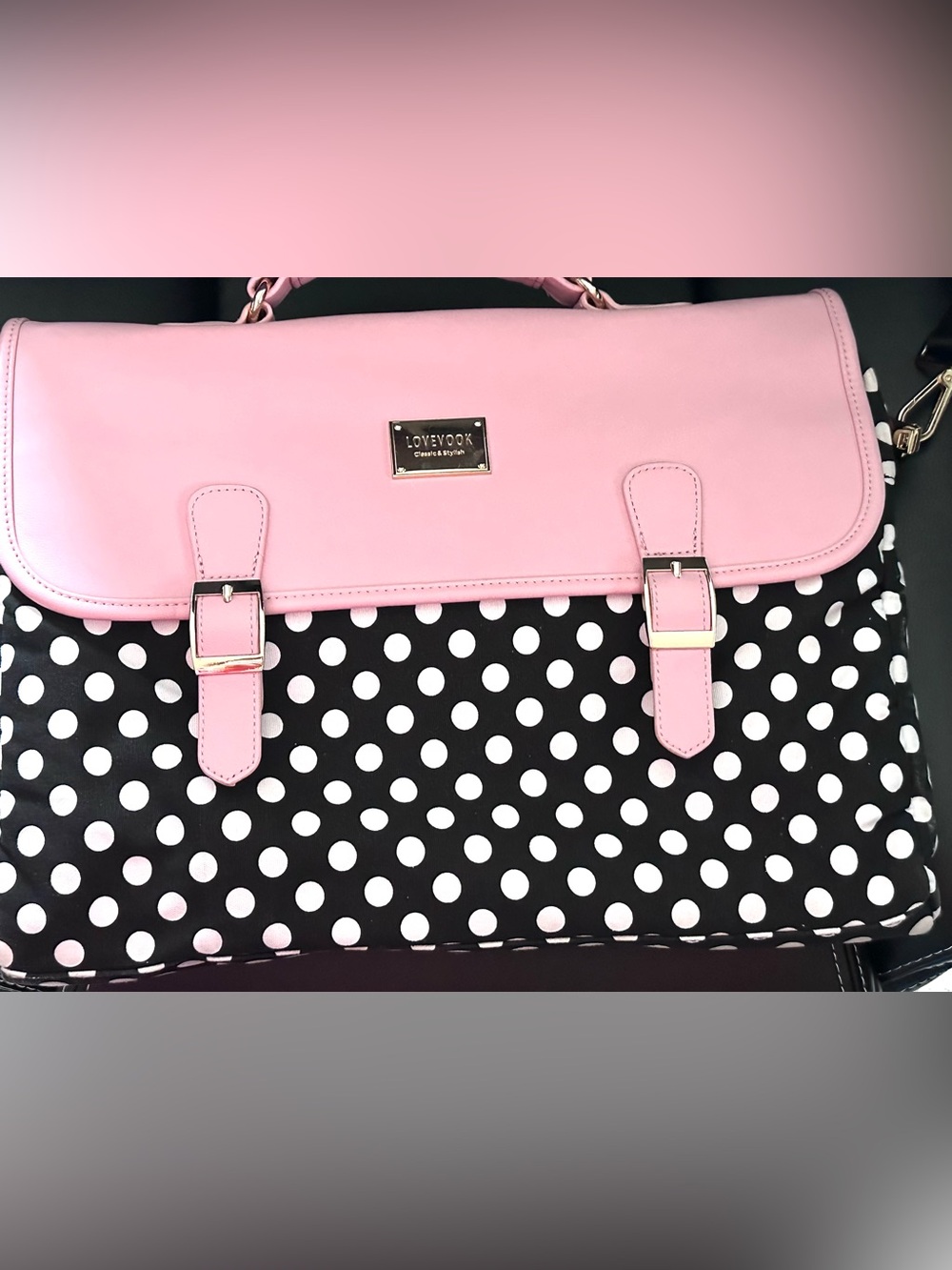 FINAL MARKDOWN LOVEVOOK Polka Dot Laptop Messenger Bag Pink Black White 15.6” - Picture 5 of 9